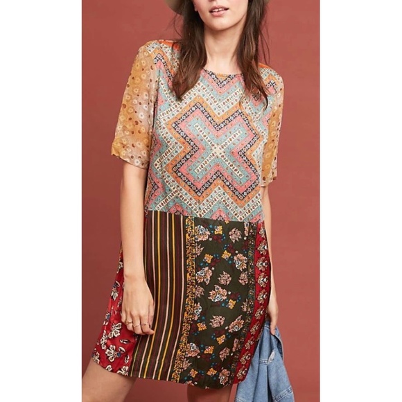 Anthropologie Dresses & Skirts - Tiny |  Boho Multicolored Patchwork Pattern Short Sleeve Lightweight Mini Dress
